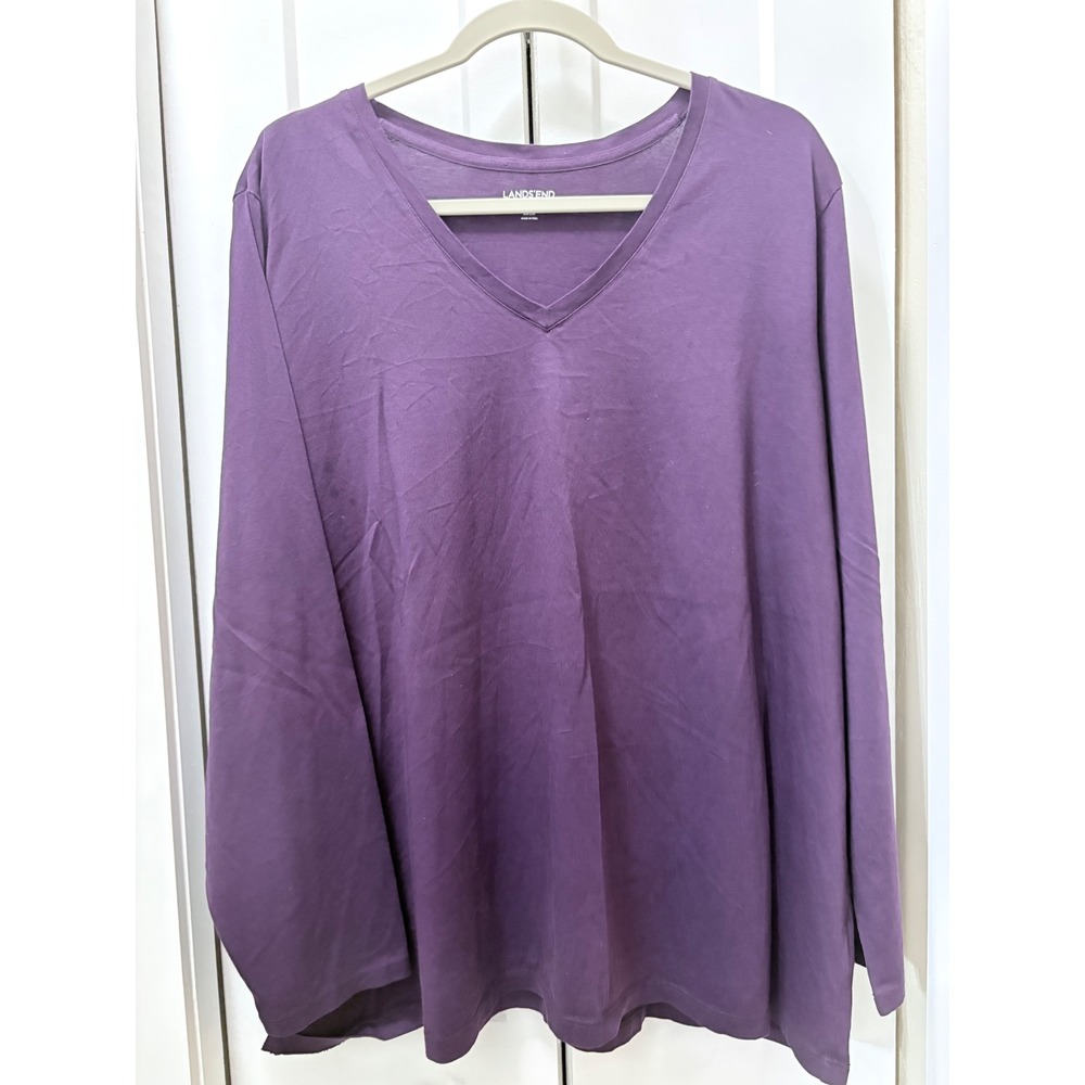 Lands' End Relaxed Fit V-Neck Long Sleeve Supima Cotton Tee Purple 2X 20W-22W